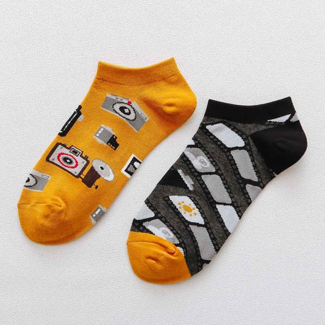Playful Harajuku Men's Cotton Ankle Socks - Funny Animal & Fruit Designs