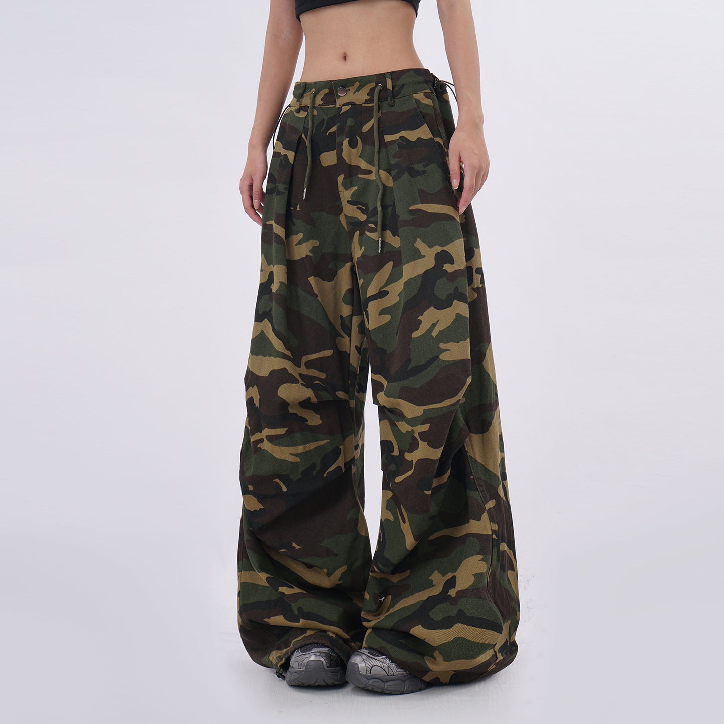Harajuku Style Retro Camouflage Drawstring Paratrooper Pants for Women
