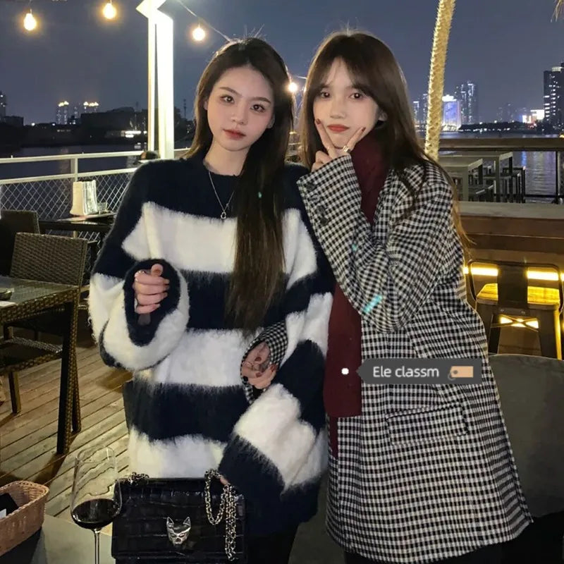 Women's Mohair Sweater - Fashion Striped Egirl Knit Top - Sexy Pullover - Harajuku Oversized Knit Sweater - Emo Nightclub Streetwear