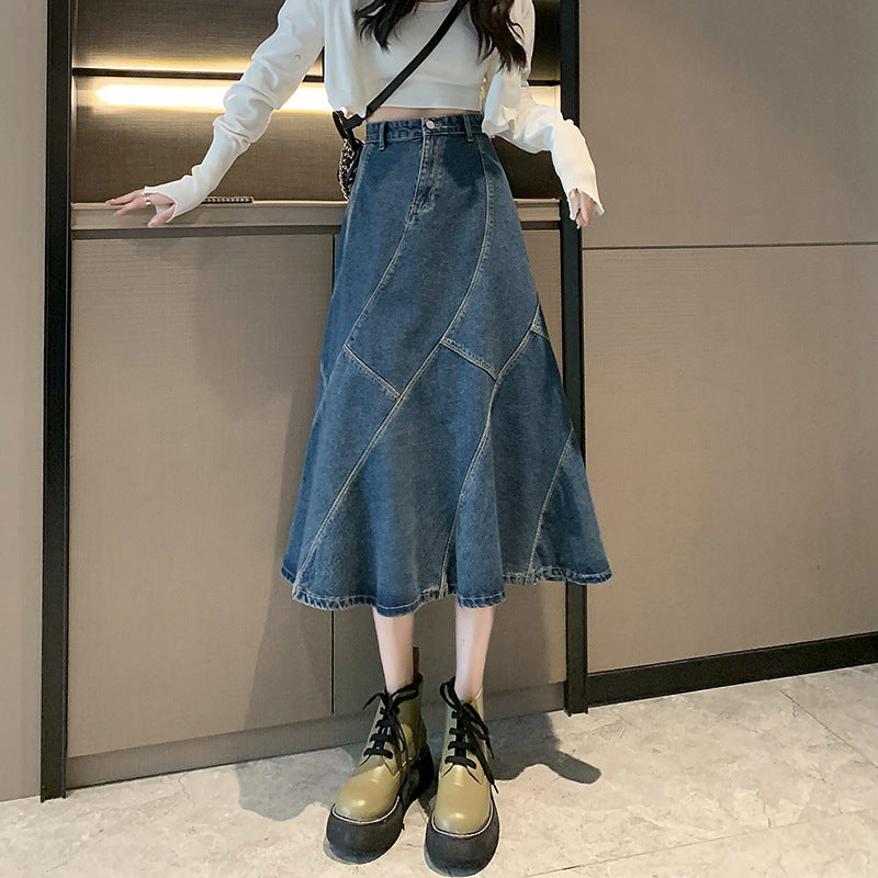 High Waist A-Line Loose Midi Denim Skirt for Women - Slimming, Hip-Hiding Style
