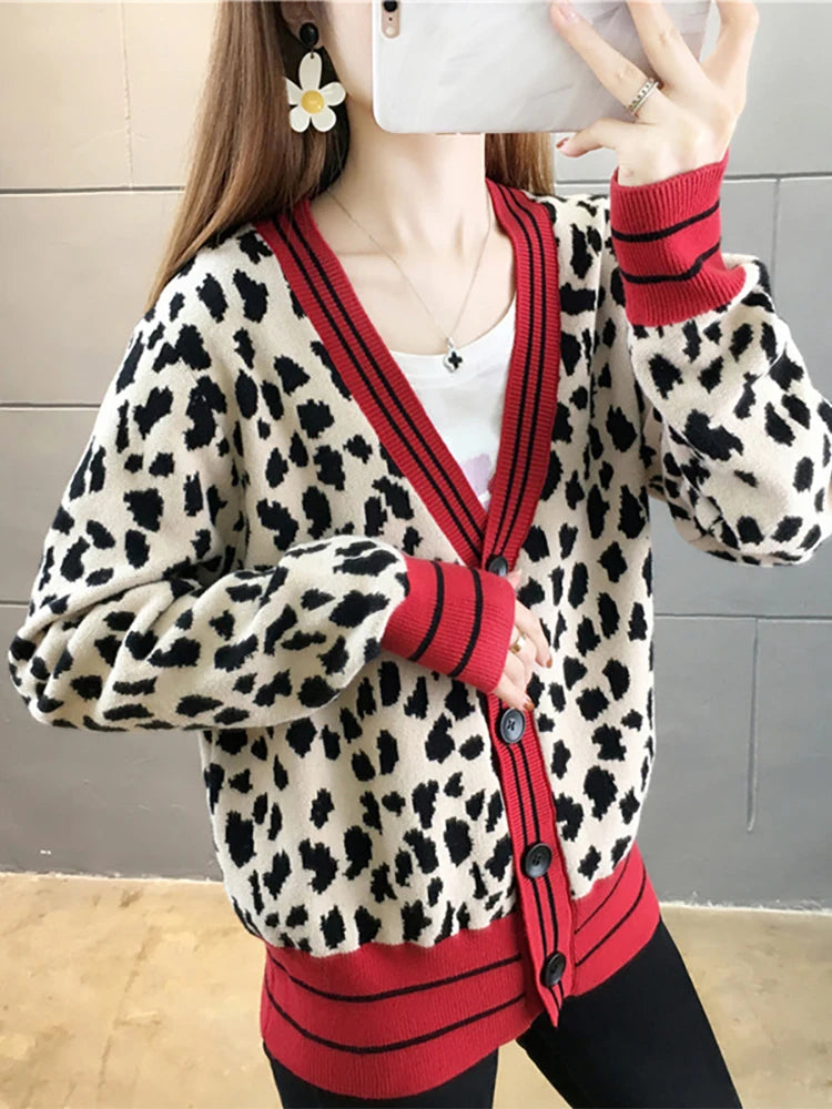 Korean Leopard Print Women's Winter Cardigan