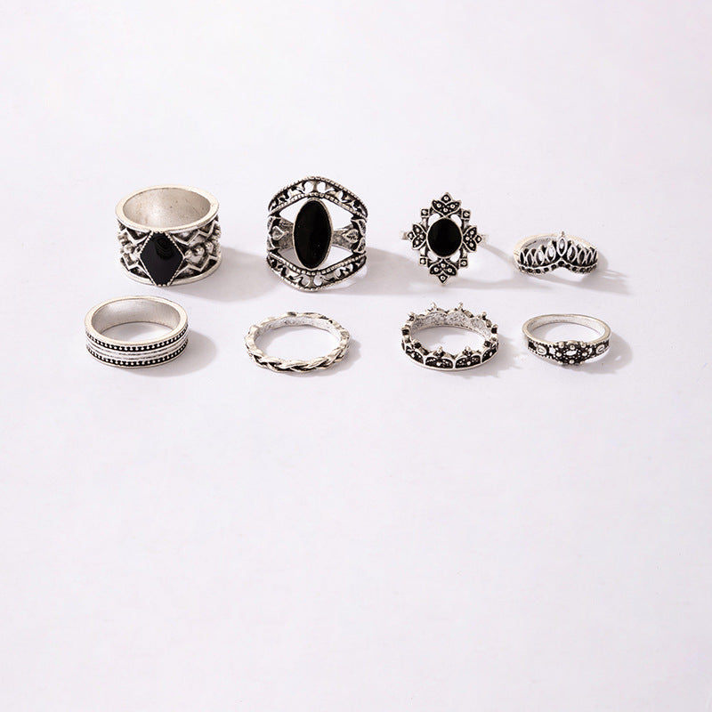 Black Oil Drip Geometric Ring Set - Retro Style Accessories