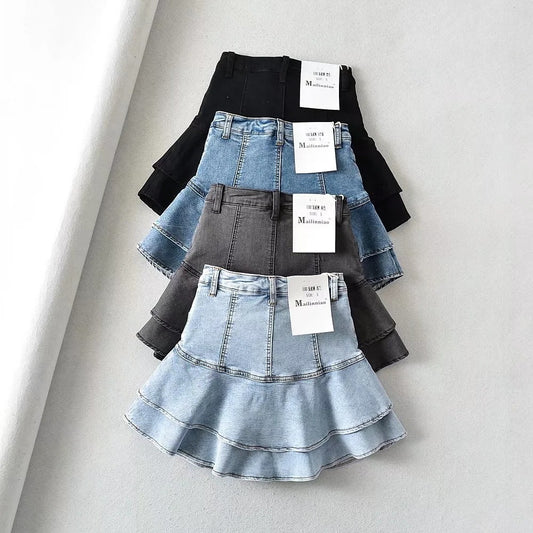 High Waisted Denim Skirt with Lotus Leaf Edge