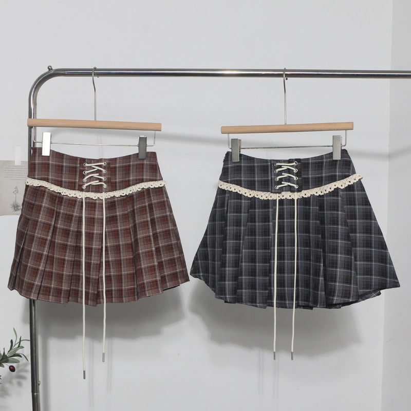 Checkered Midi Skirt with Women's Lace Edge Decoration and Lace-Up Detail, Pleated Short Skirt