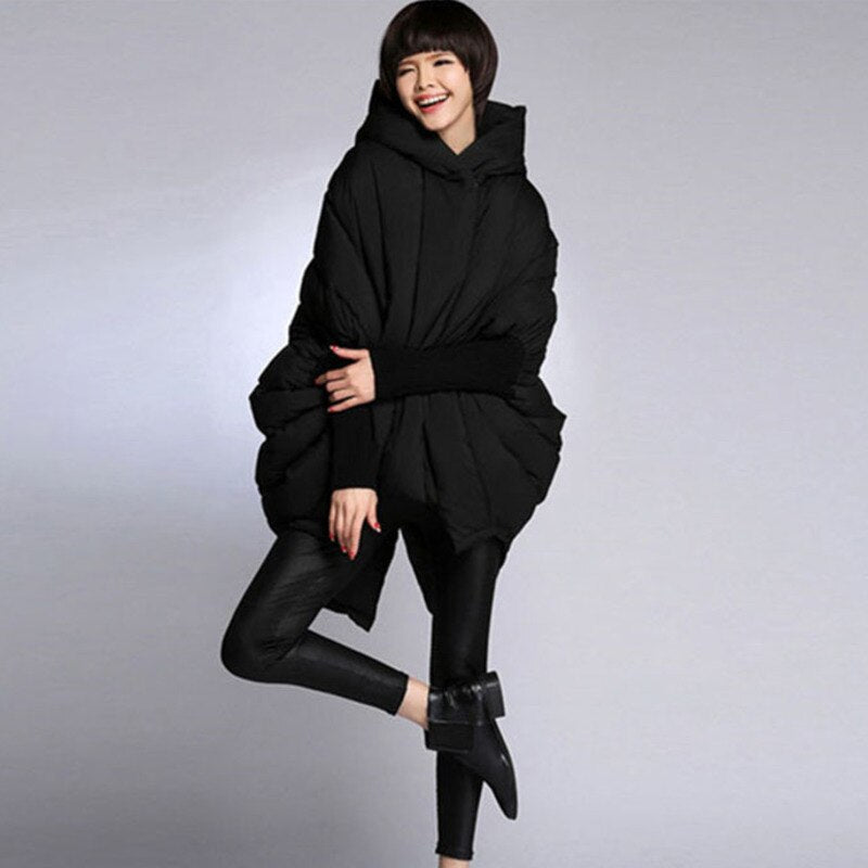 Mid-Length Women’s Duck Down Hooded Cloak Jacket