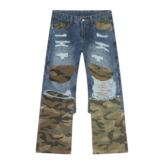Distressed Camouflage Patchwork Jeans - Harajuku Style