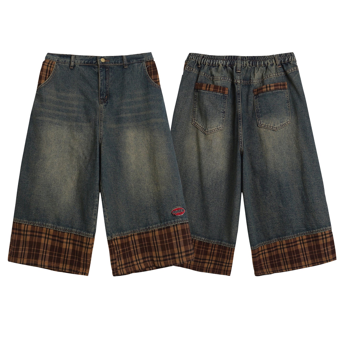 Retro Washed Patchwork Three-Quarter Pants