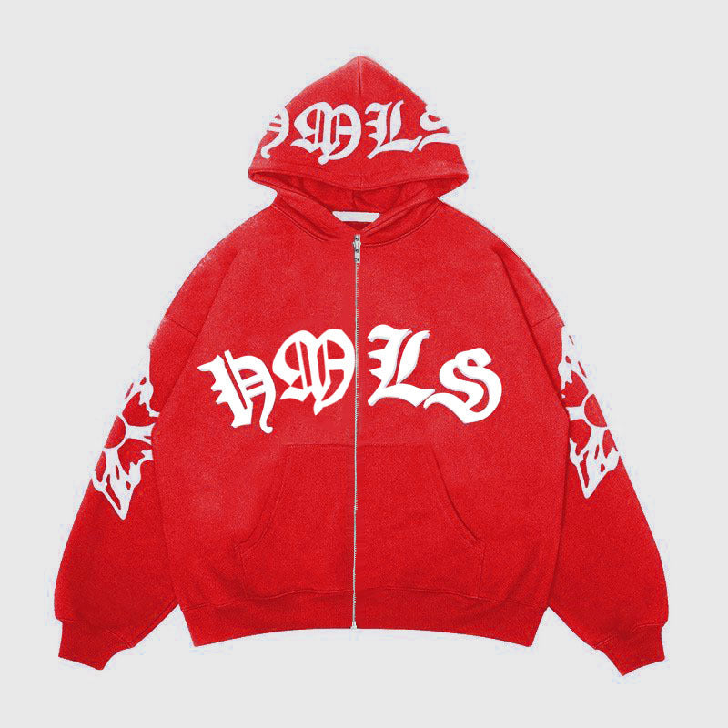 Gothic Letter Printed Oversized Zipper Hoodie
