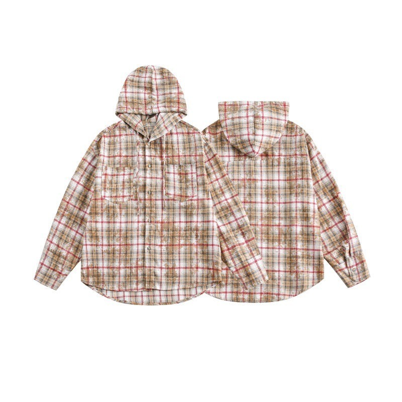 Unisex Loose Plaid Drawstring Hooded Shirt