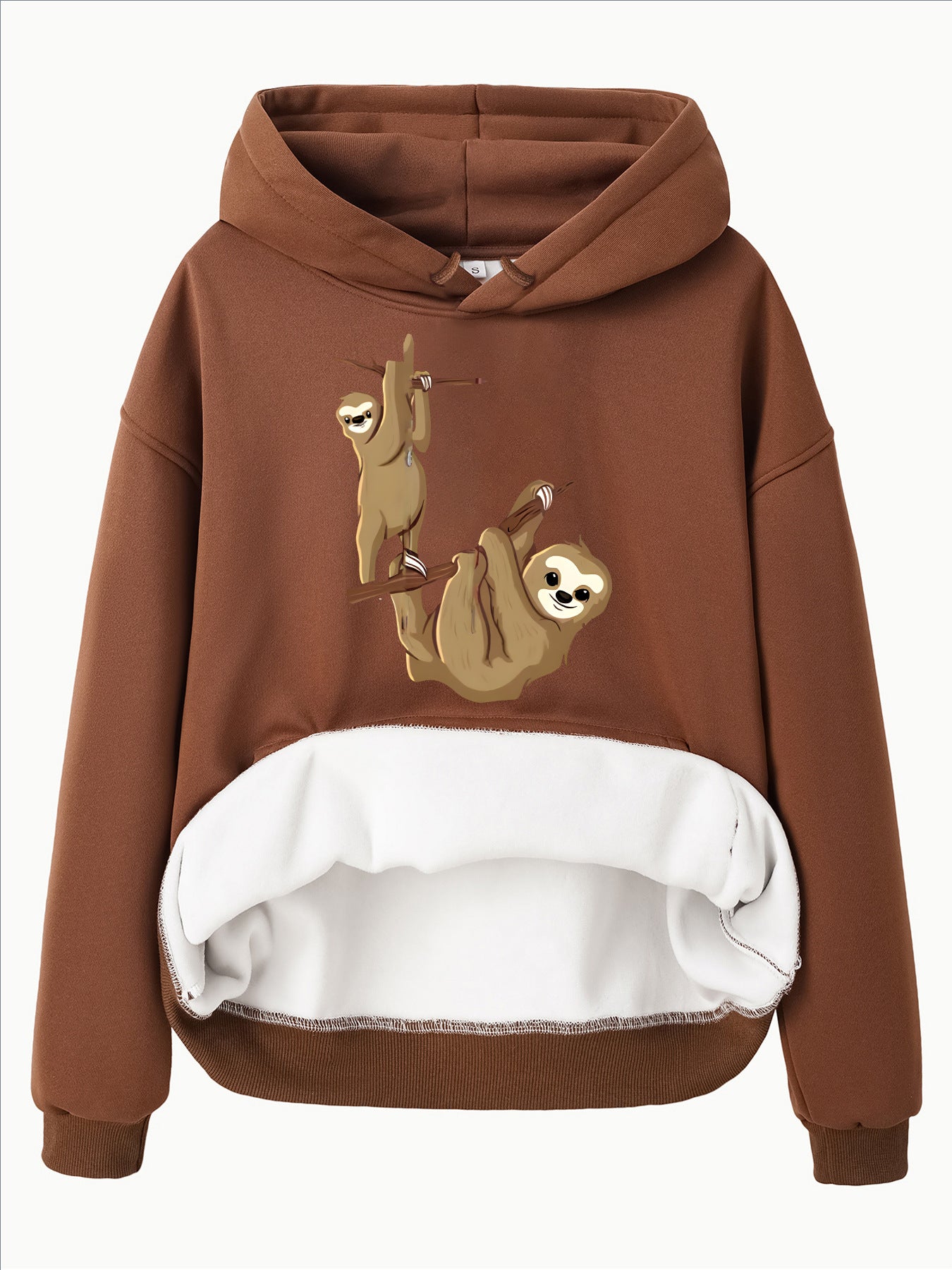 Hooded Long Sleeve Velvet Pullover with Sloth Pattern and Kangaroo Pocket