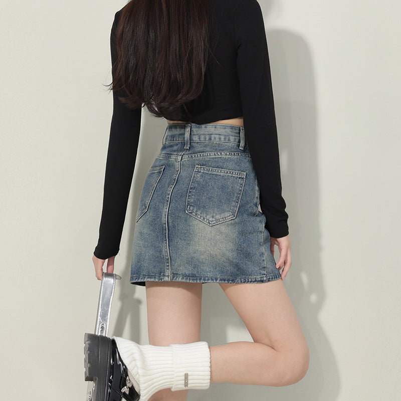 Unique Lazy Style Denim A-Line Skirt for Women, High Waist Slimming and Heightening Short Denim Skirt