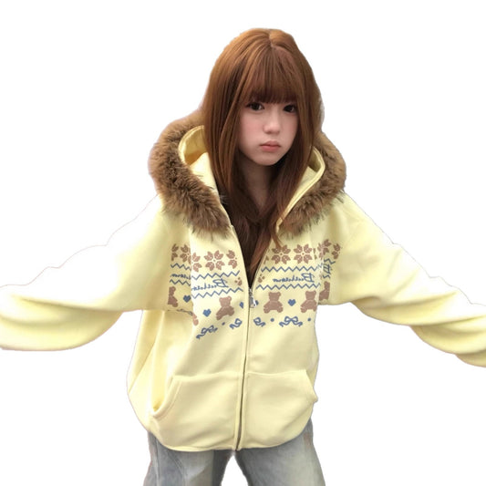 Vintage Fair Isle Faux Fur Collar Cream Bear Hoodie Women's Plush Loose Open Front Hooded Oversized Jacket