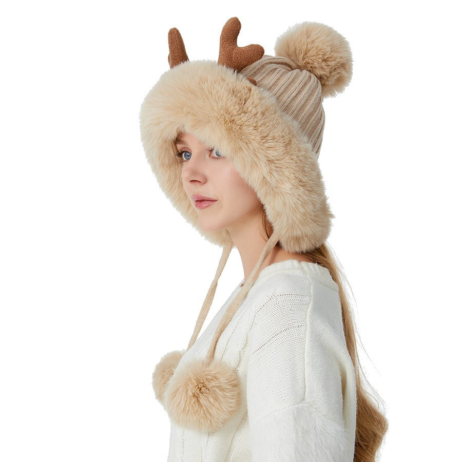 Playful Deer Horn Wool Ball Knitted Hat