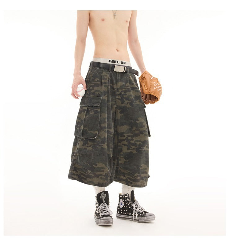Retro Camouflage Multi Pocket Denim Shorts for Harajuku Style