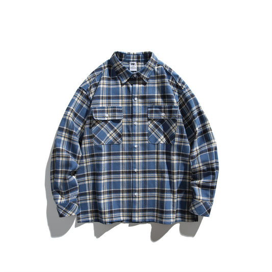 Casual Blue Plaid Long Sleeve Shirt for Men