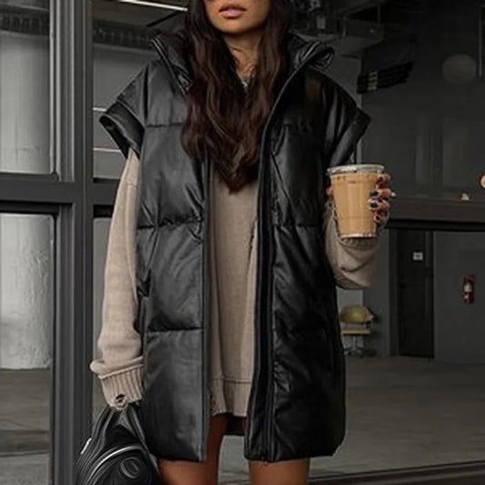 Winter Long Faux Leather Vest - Harajuku Style