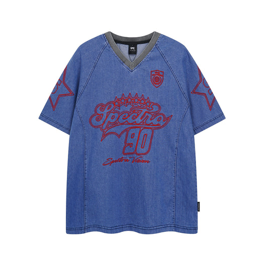 Harajuku Style Heavy Embroidery Denim T-Shirt for Men & Women