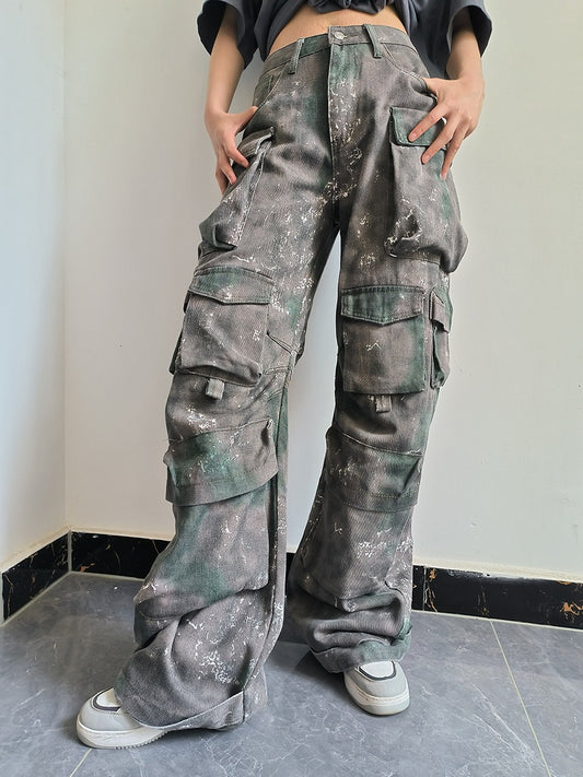 Harajuku Style High-Waisted Multi-Pocket Jeans