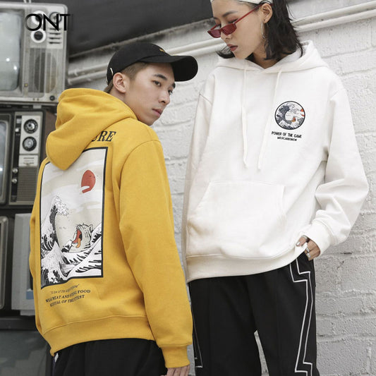 Funny Cat Wave Printed Fleece Hoodie - Harajuku Style