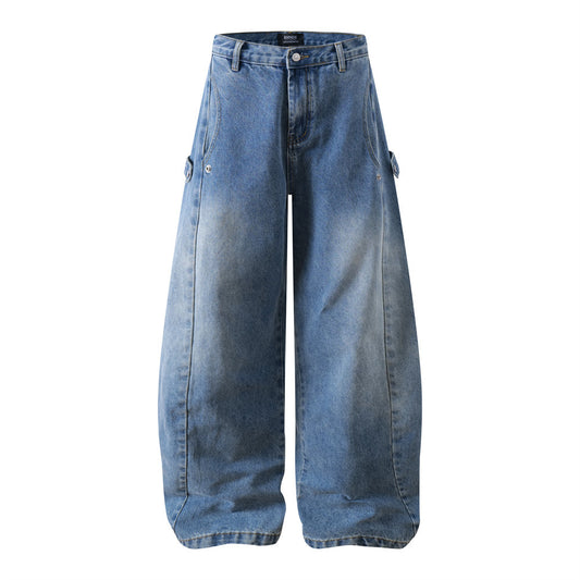 Harajuku Style Arc-Shaped Wide-Leg Denim Trousers