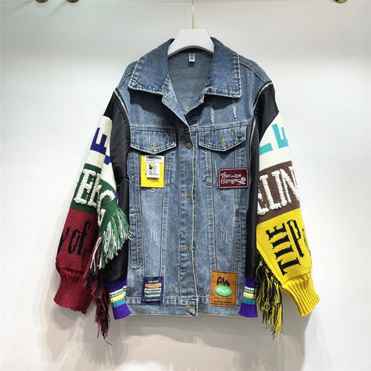 Playful Fringed Embroidered Denim Jacket for Women