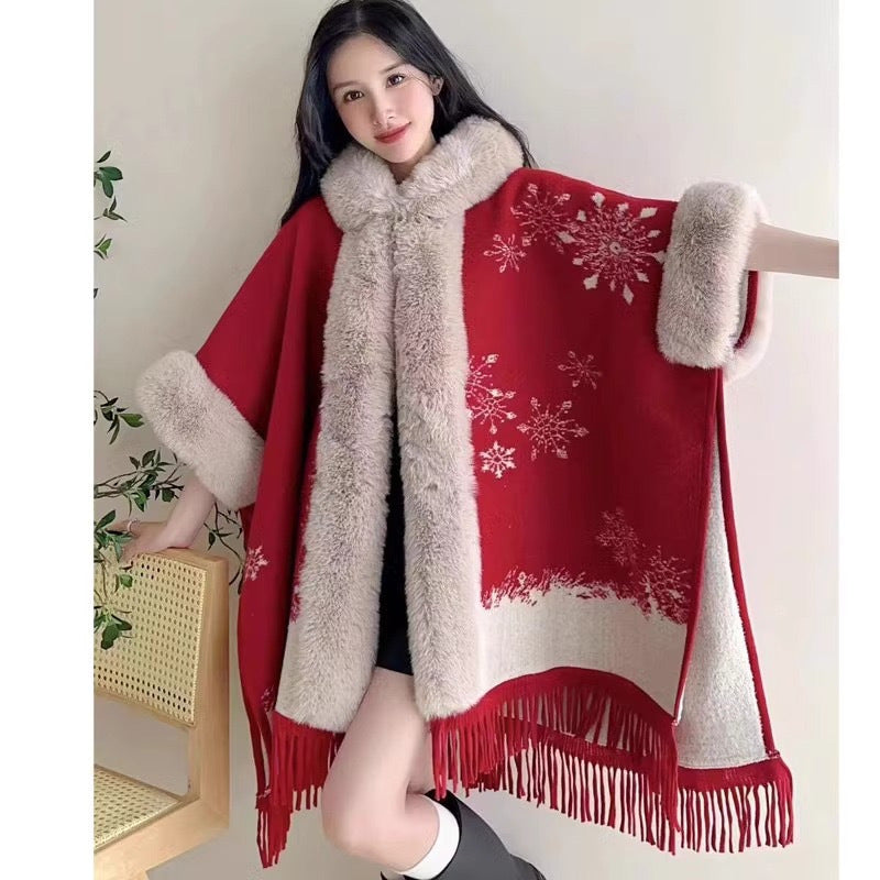 Poncho with Fleece Lining - Thick Knitted Hooded Shawl Featuring Fur Collar and Tassels
