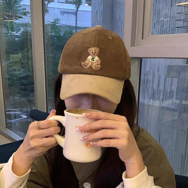 Cute Bear Embroidered Corduroy Baseball Hat for Women