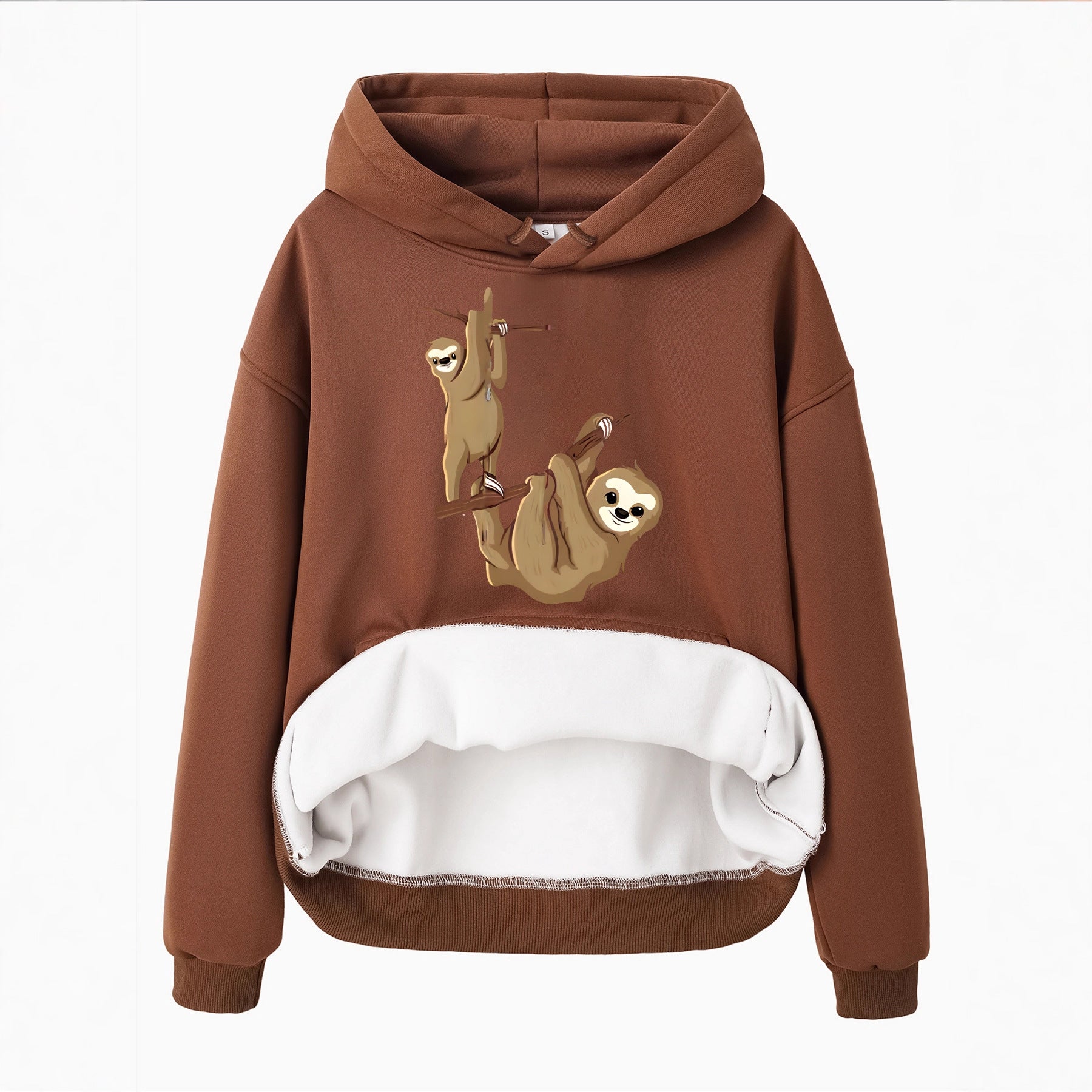 Hooded Long Sleeve Velvet Pullover with Sloth Pattern and Kangaroo Pocket