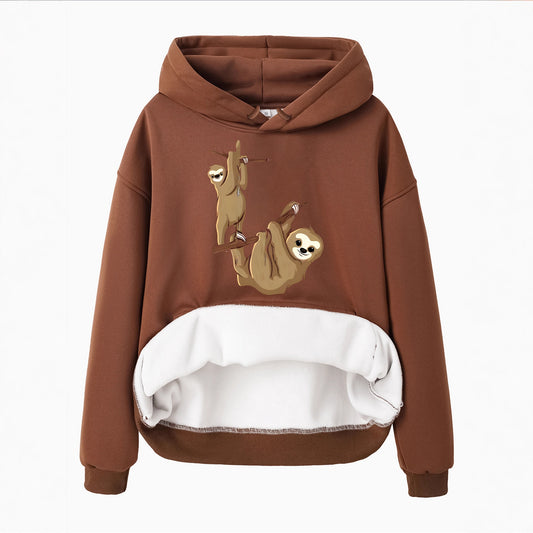 Hooded Long Sleeve Velvet Pullover with Sloth Pattern and Kangaroo Pocket