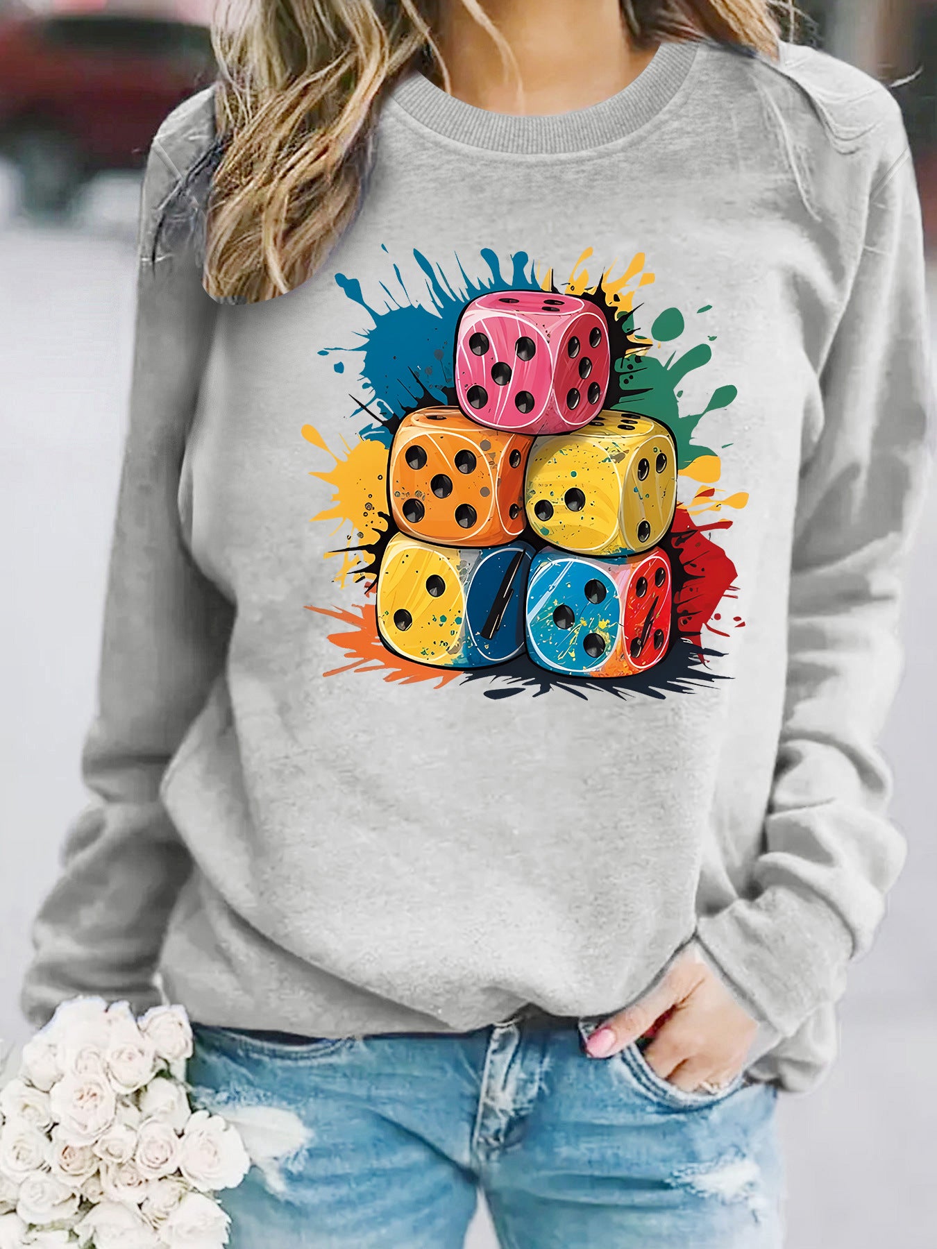 Splash Pattern Printed Stacking Block Hoodie with Round Neck