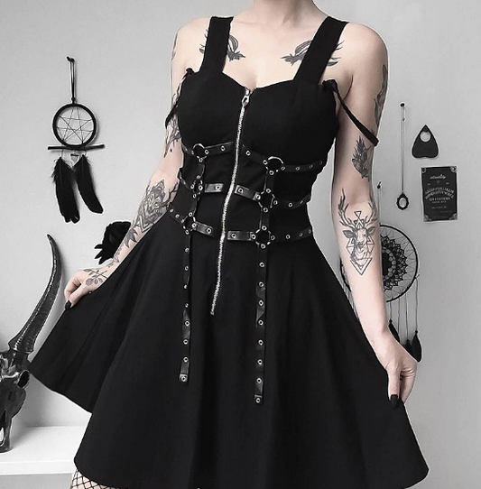 Harajuku Style Black Eyelet Mini Dress for Women