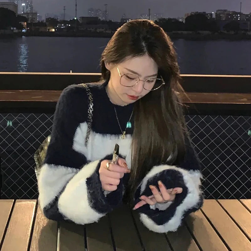 Women's Mohair Sweater - Fashion Striped Egirl Knit Top - Sexy Pullover - Harajuku Oversized Knit Sweater - Emo Nightclub Streetwear