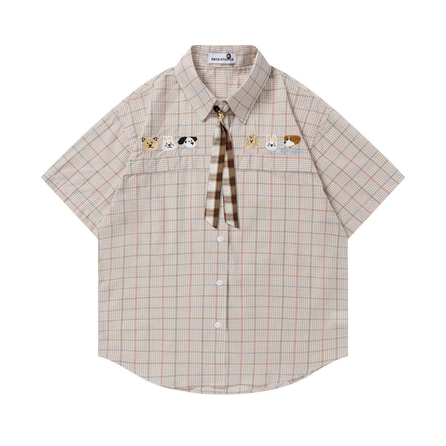 Harajuku Dog Embroidered Tie Short Sleeve Shirt — Street-Style Cotton Blend