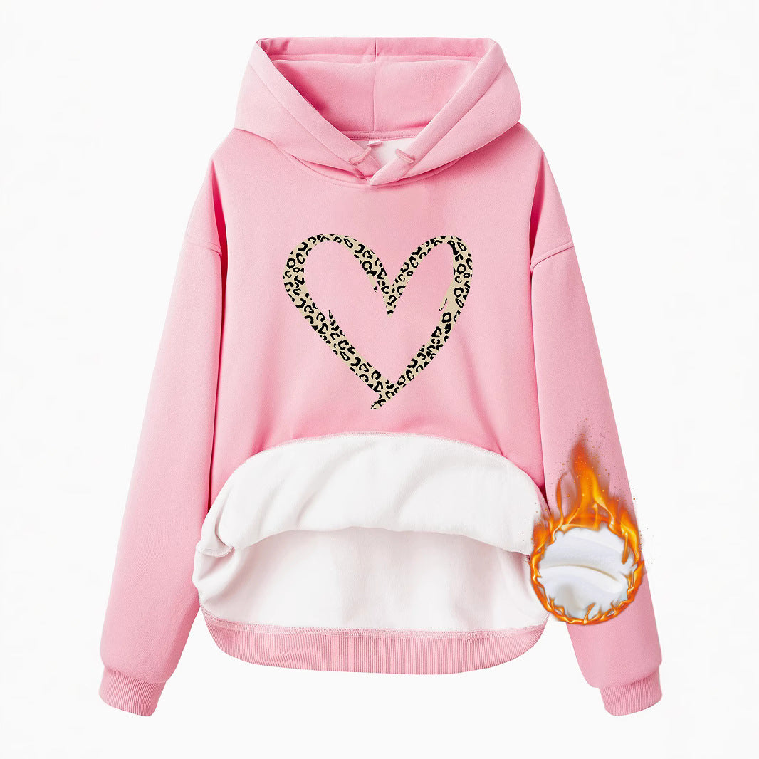 Hooded Long Sleeve Fleece Hoodie with Kangaroo Pocket and Heart-Shaped Print