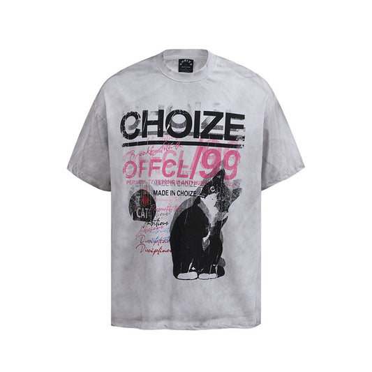 Vintage Cat Print Distressed Loose Fit T-Shirt for Men