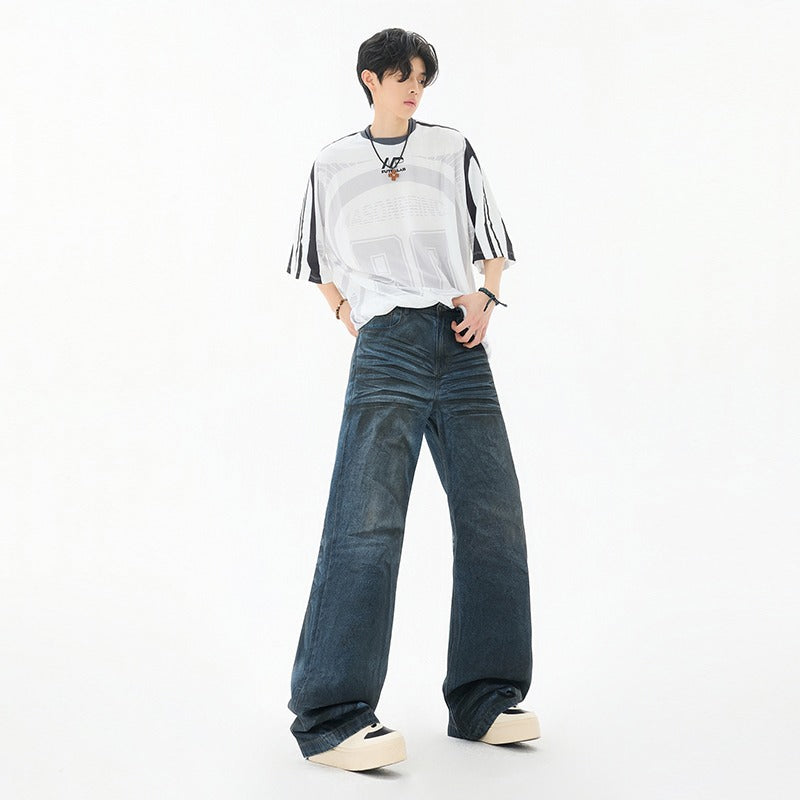 Harajuku Loose Straight Leg Denim Jeans - Dirty Blue