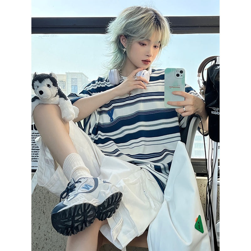 Summer Blue and White Striped T-Shirt Loose Top