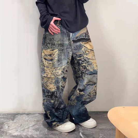 Graffiti Distressed 3D Denim Pants - Unique Harajuku Streetwear