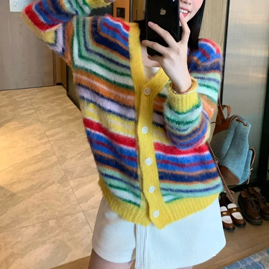Rainbow Mohair Striped V-Neck Cardigan for Women