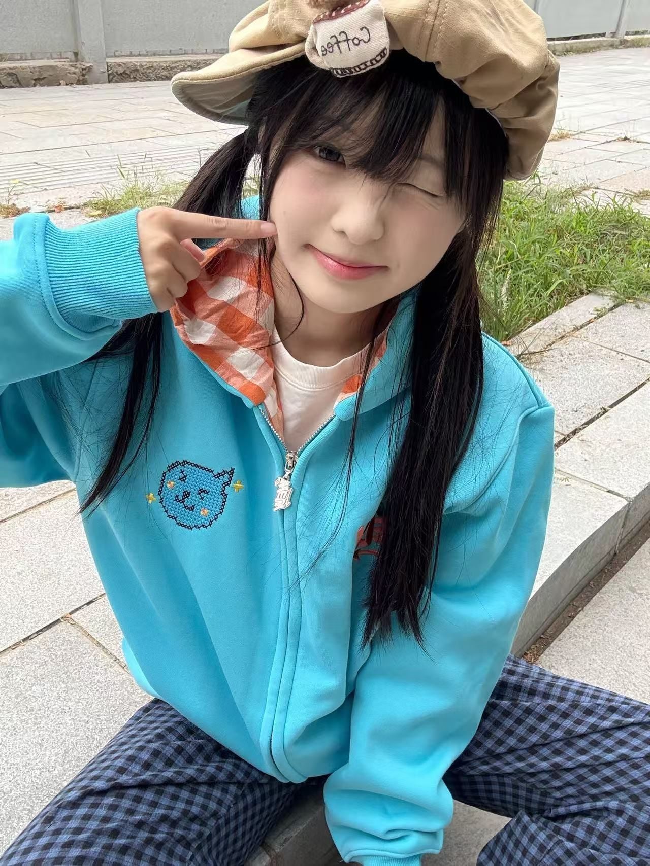 Cartoon Embroidered Zip-Up Hoodie