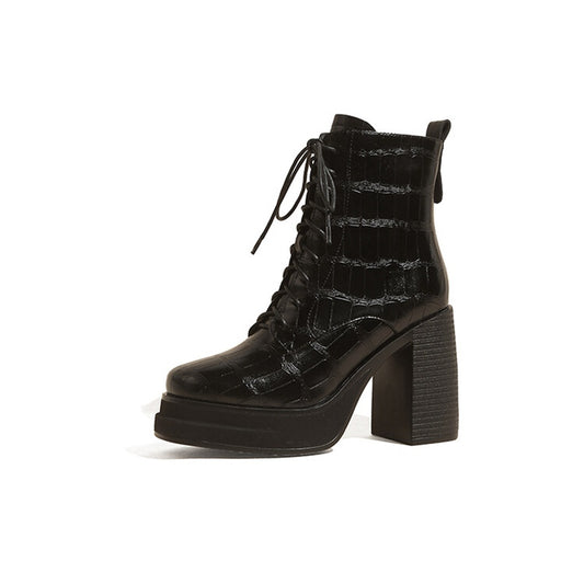 Round Toe Full Leather Short Boots for Women - Thick-Soled, Comfortable