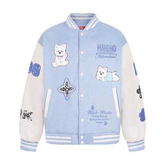 Patchwork Dog Cotton-Filled Baseball Jacket Loose Fit Unisex Outerwear