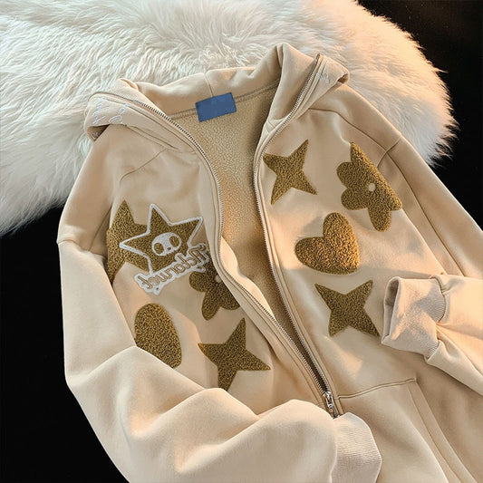 Harajuku Style Velvet Letter Embroidery Hoodie Cardigan