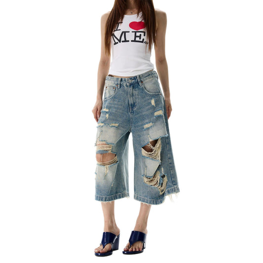 Washed Distressed Wide Leg Shorts