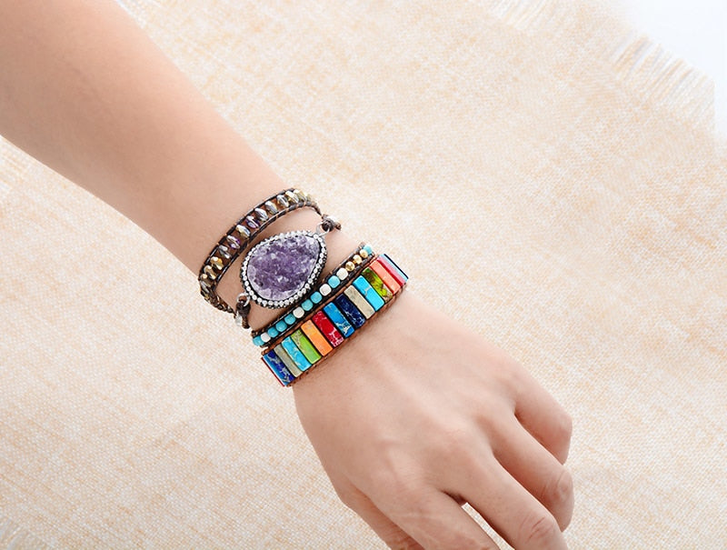 Handmade Chakra Bracelet - Multi Color Natural Stone & Leather