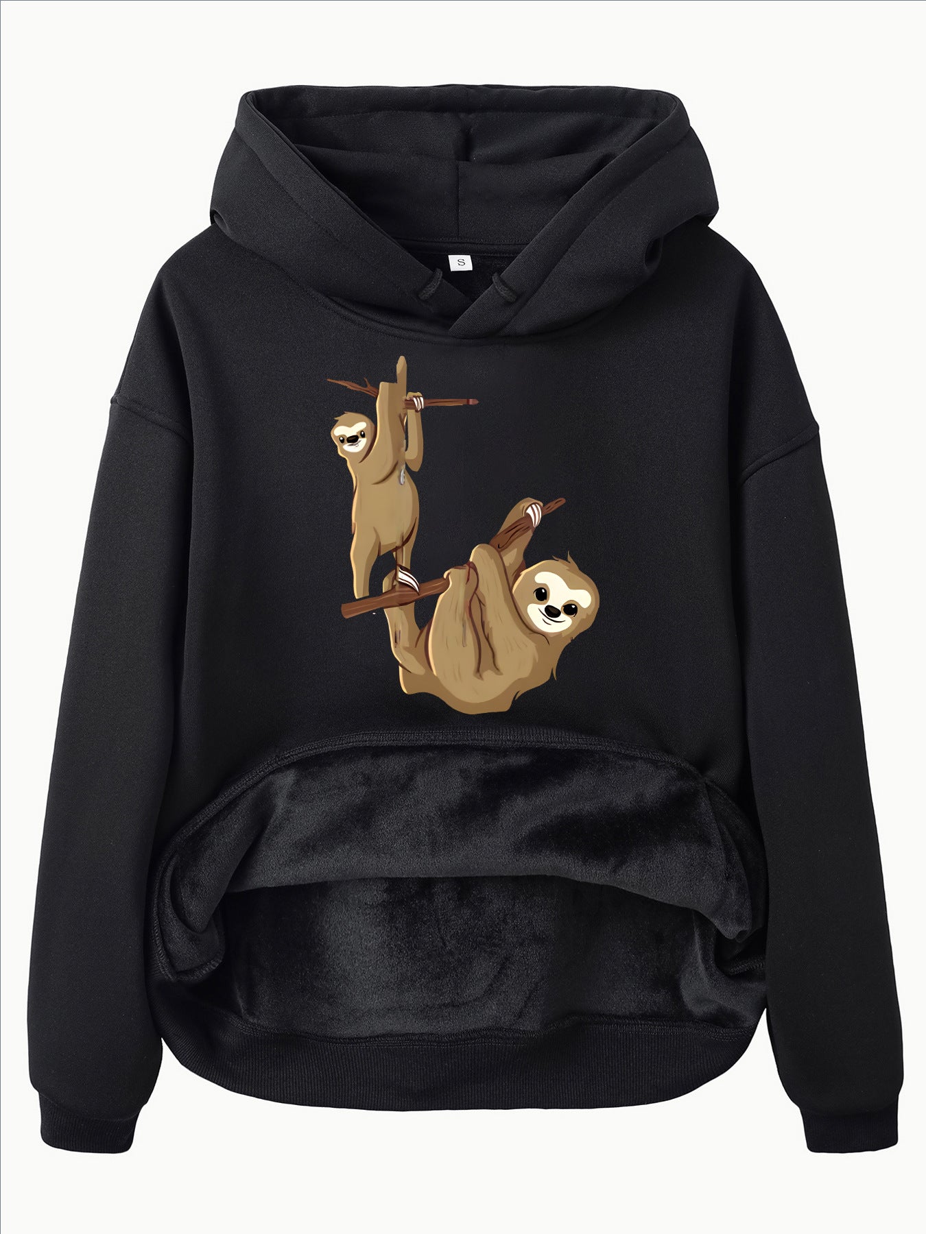 Hooded Long Sleeve Velvet Pullover with Sloth Pattern and Kangaroo Pocket