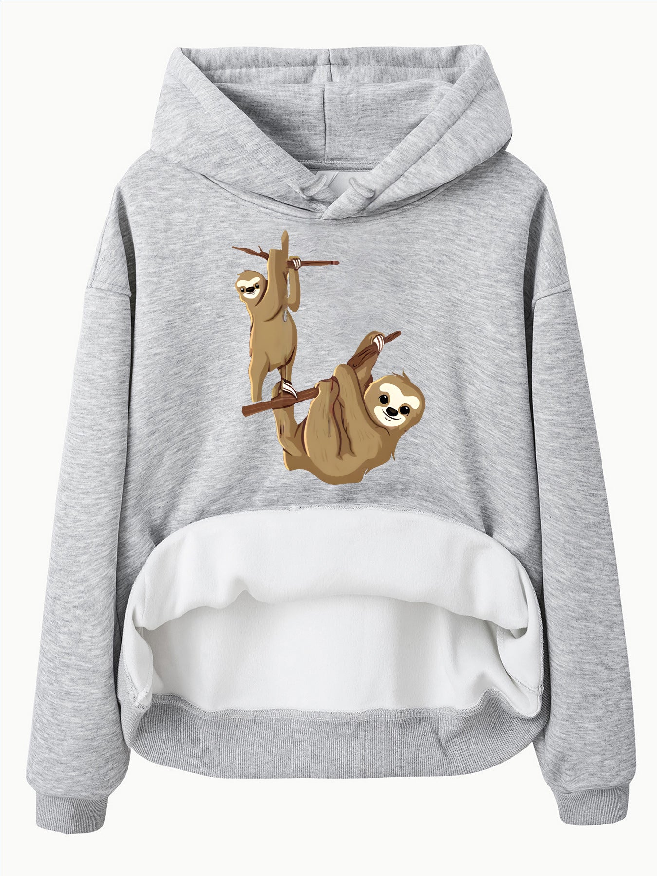 Hooded Long Sleeve Velvet Pullover with Sloth Pattern and Kangaroo Pocket
