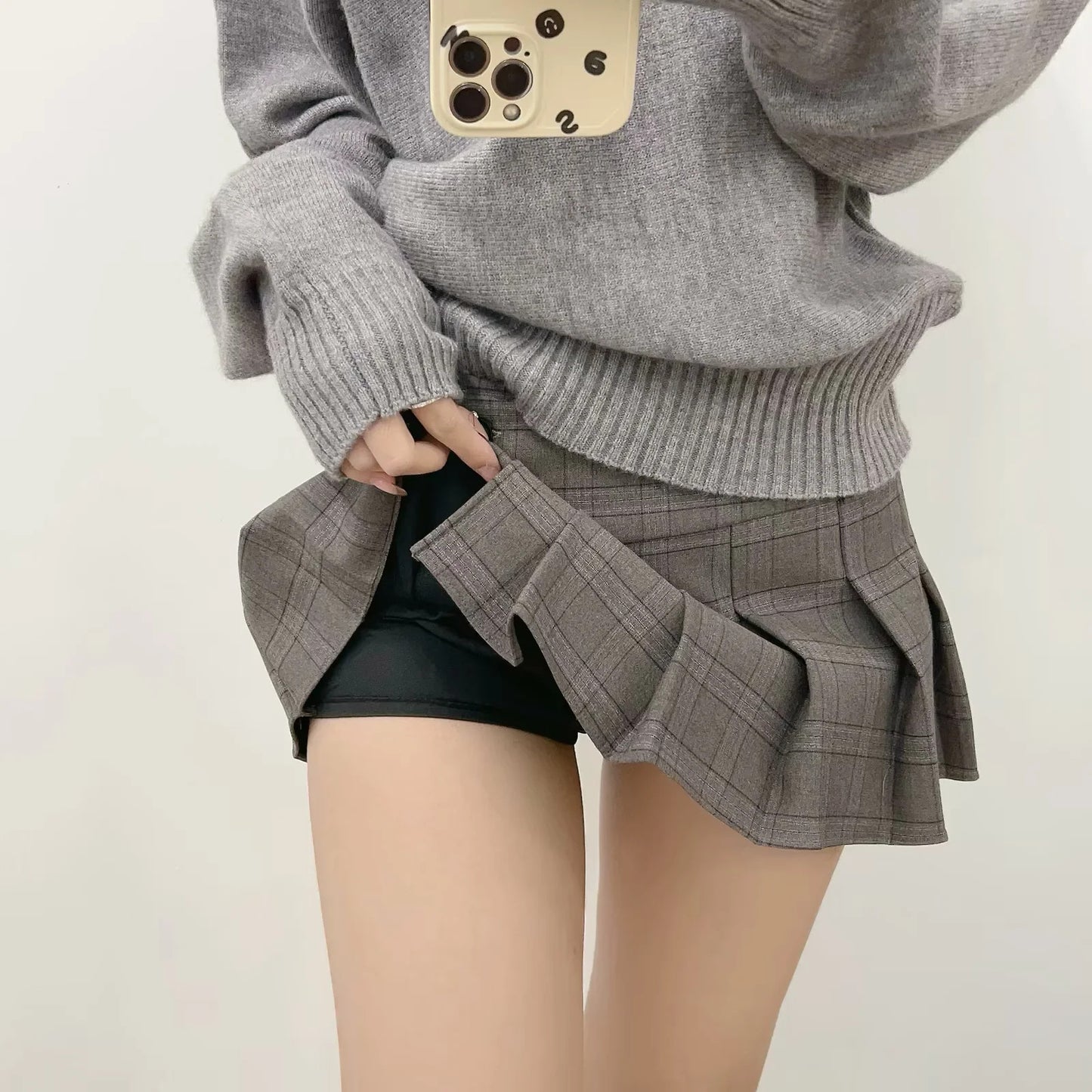 Harajuku Style Checkered Pleated Mini Skirt in Black and Gray