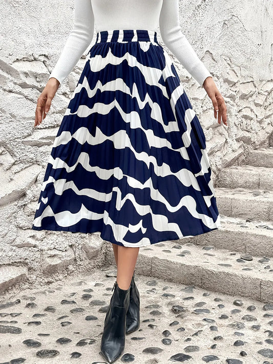 Playful Pleated Printed Elastic Waist Skirt