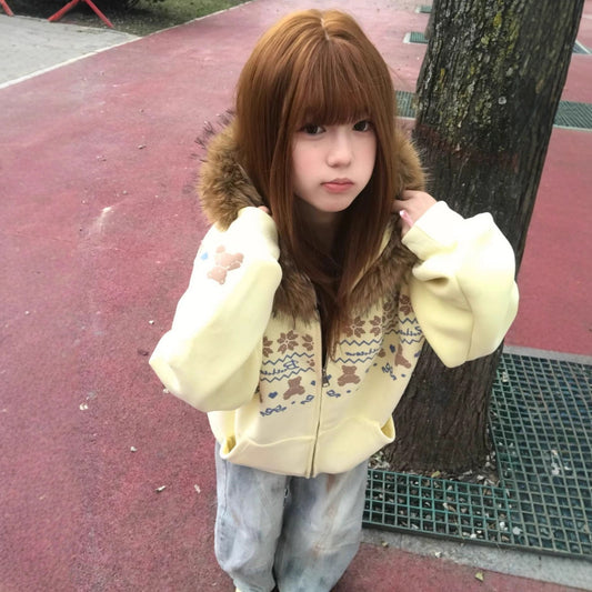 Vintage Fair Isle Faux Fur Collar Bear Hoodie